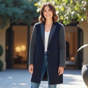 Sandro Paris Navy Colorblock Tailored Wool Coat 36